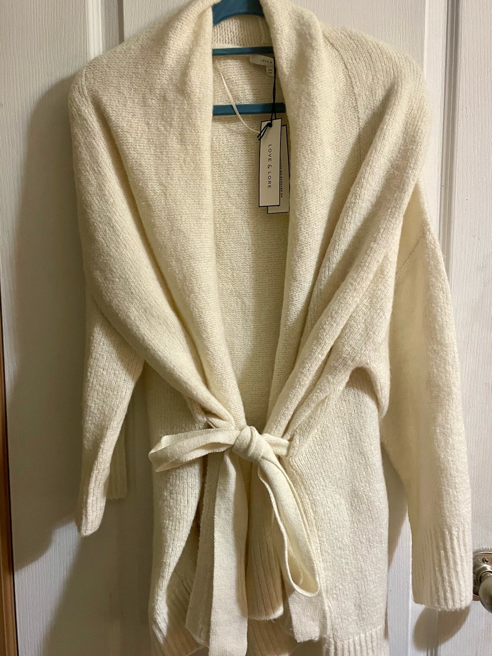 Love & Lore Cream Shawl-Collar Tie-Waist Cardigan